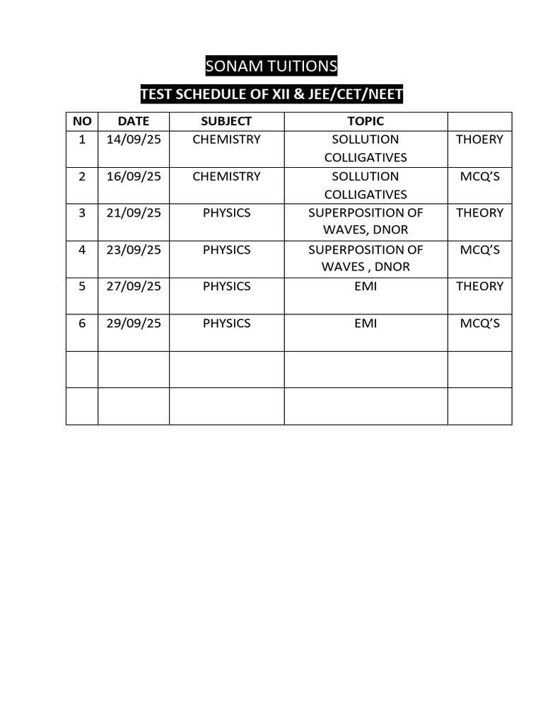 New Test Scedule For Xii | PDF