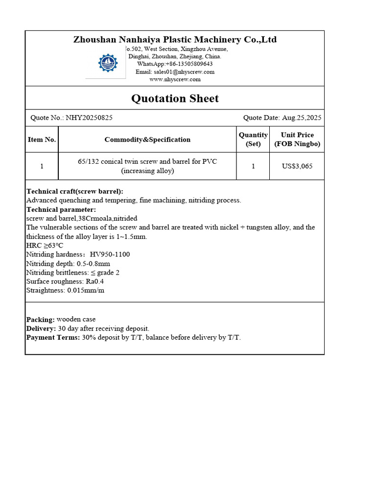 Quotation for PVC Screw and Barrel | PDF