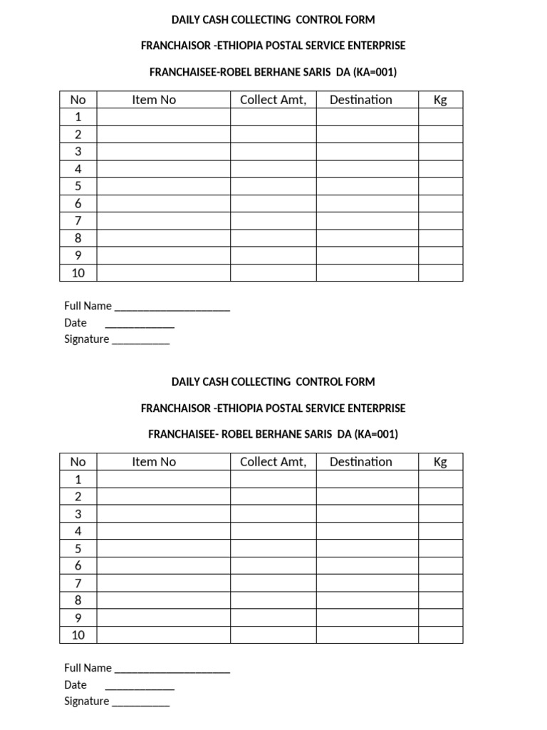 Daily Cash Collection Control Form | PDF