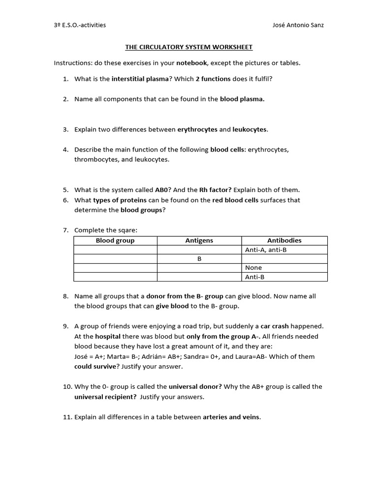 Circulatory System Worksheet for 3º E.S.O. | PDF | Heart | Circulatory ...