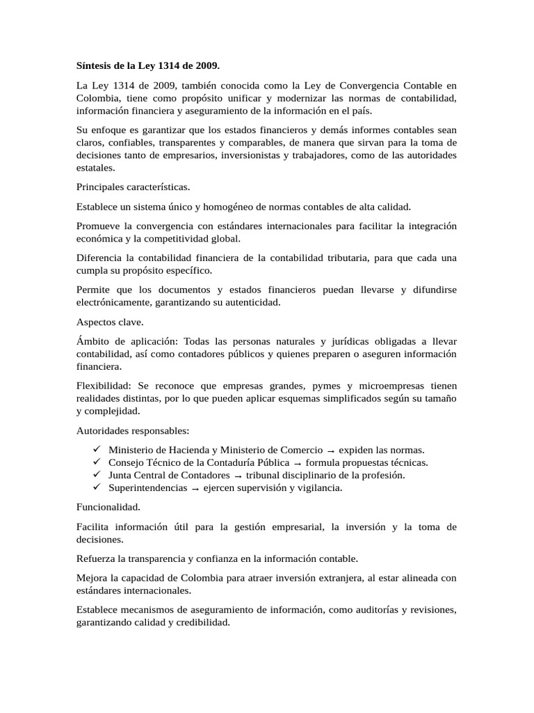 Síntesis de La Ley 1314 de 2009 | PDF | Contabilidad | Estado financiero