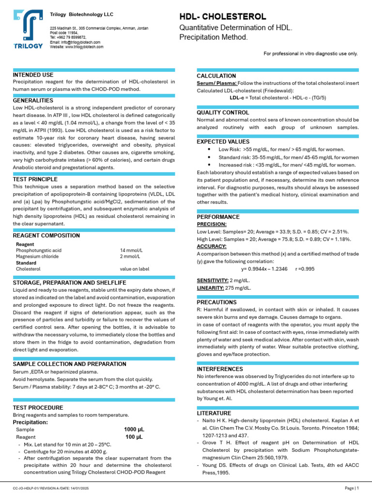 HDL Cholesterol Quantitative Test Guide | PDF | High Density ...