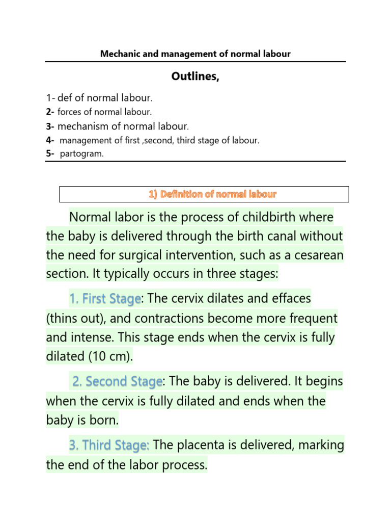 Mechanic and Management of Normal Labour | PDF | Childbirth | Medical ...