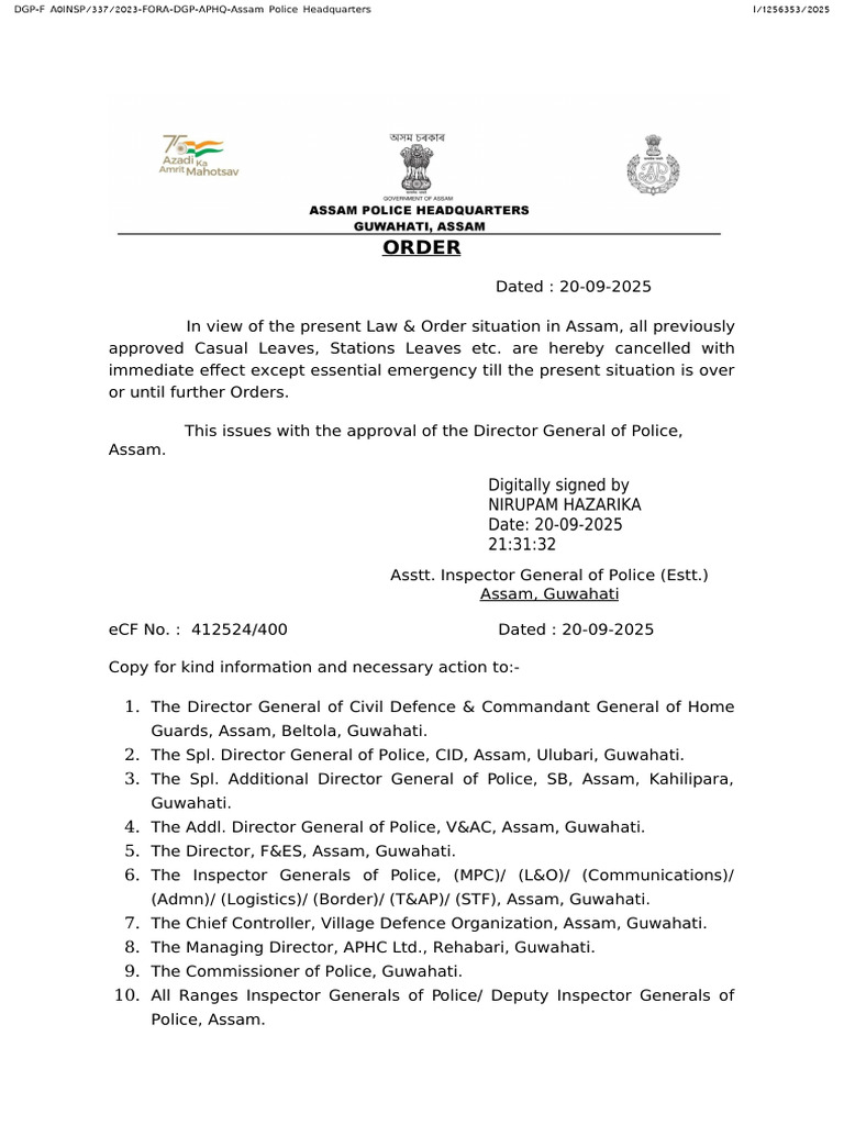 Assam Police Leave Cancellation Order | PDF | Inspector | National Security