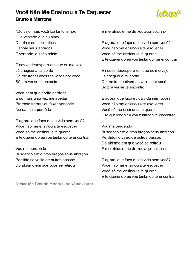 Você Não Me Ensinou A Te Esquecer - Bruno e Marrone (Impressão) | PDF