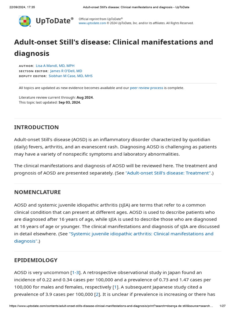 AOSD: Clinical Features and Diagnosis | PDF | Lymphoma | Arthritis
