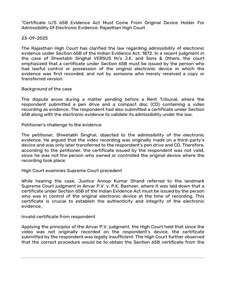 Supreme Court Ruling on 65B Evidence Act | PDF | Common Law | Judiciaries
