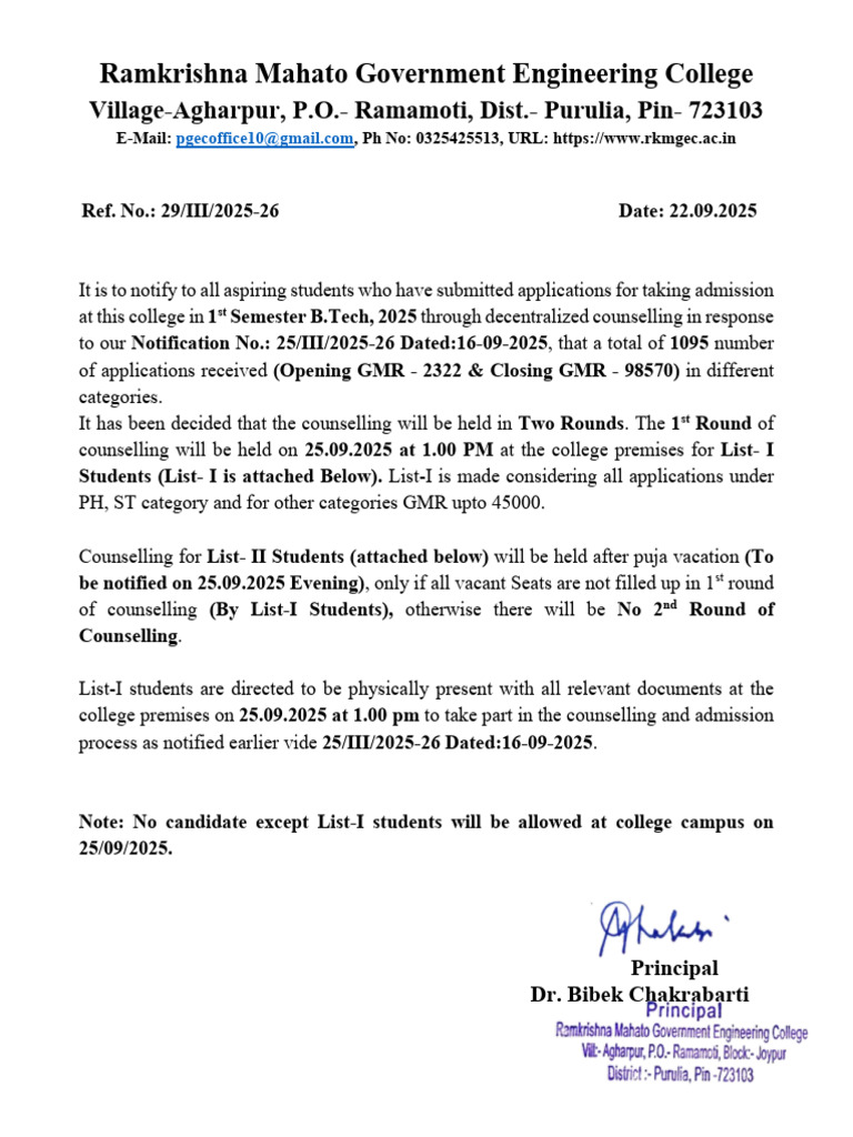 B.Tech Admission Counseling 2025 Details | PDF | Higher Education ...