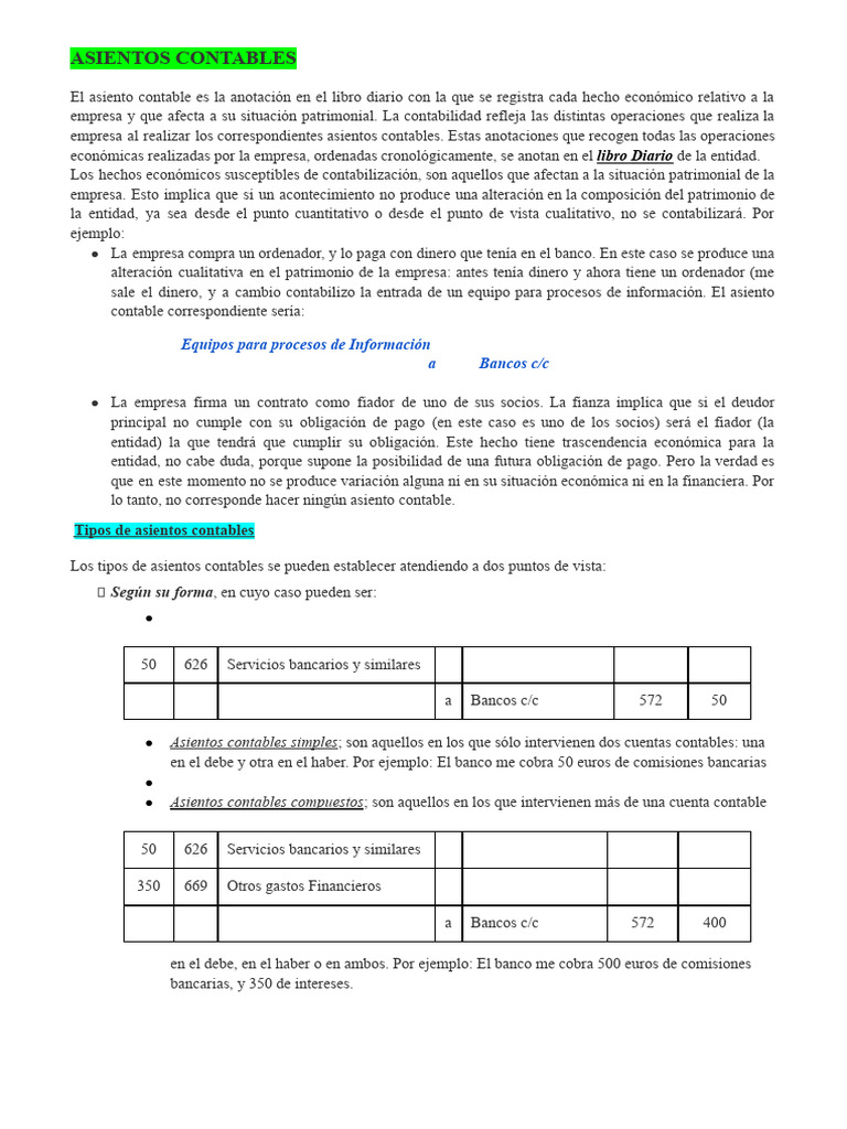 Tipos y Funciones de Asientos Contables | PDF | Contabilidad | Bancos