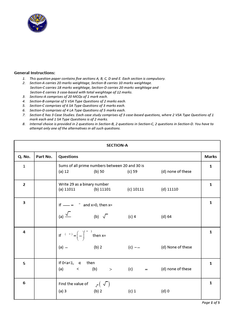 Term-I QN Paper XI Applied Mathematics 2024-25-1 | PDF | Chess Theory ...