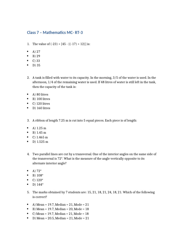 Class 7 Math MCQs and Solutions | PDF