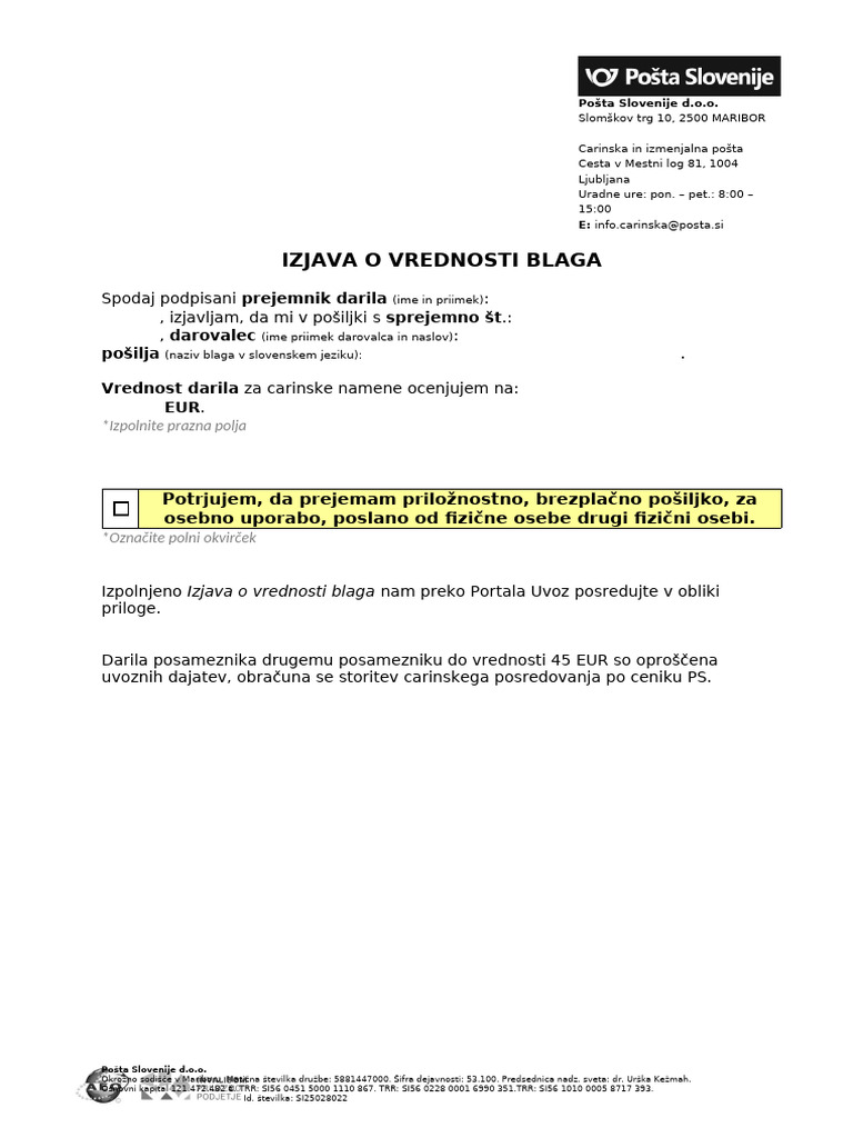 Izjava o Vrednosti Blaga | PDF