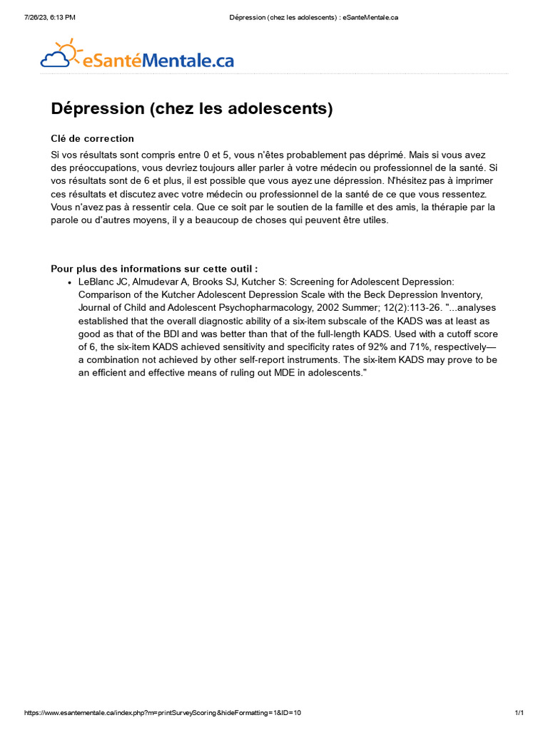Test de dépression chez les adolescents | PDF