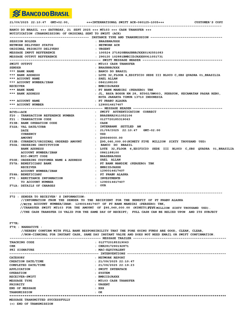 SWIFT MT103 Cash Transfer Confirmation | PDF | Payments | Computing