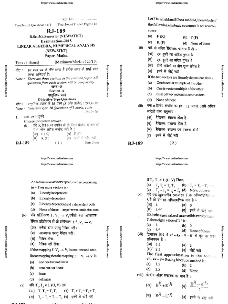 BSC 5 Sem Maths Linear Algebra Numerical Analysis 2018 | PDF