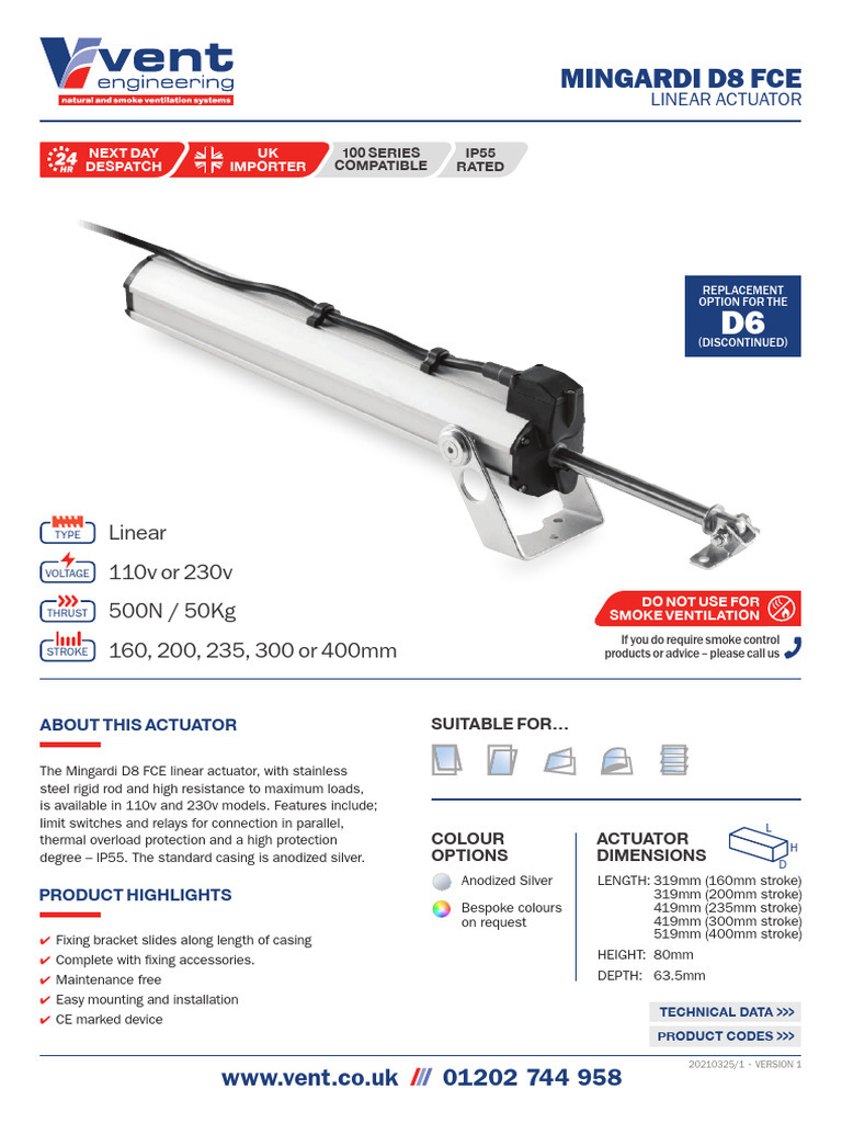 Mingardi D8 FCE Linear Actuator Specs | PDF | Window | Mains Electricity