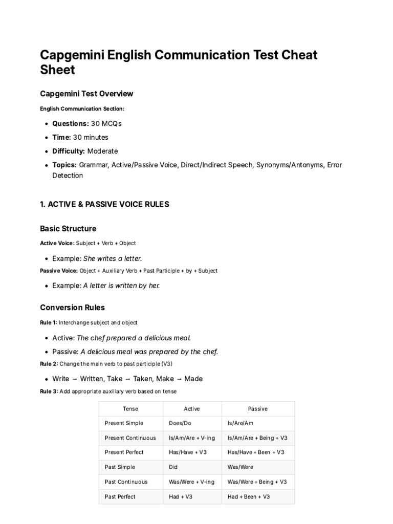 Capgemini English Test Cheat Sheet | PDF | Verb | Grammatical Tense