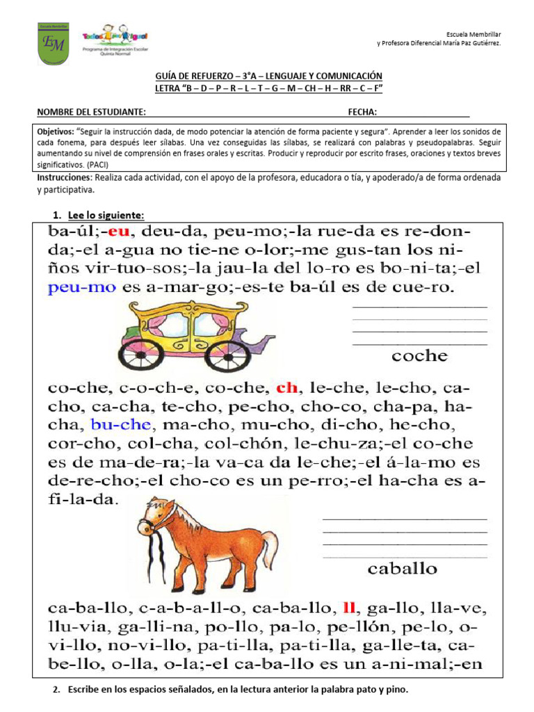 Guía de Repaso Lectura y Escritura B - D - P - R - L - T - G - M - CH ...