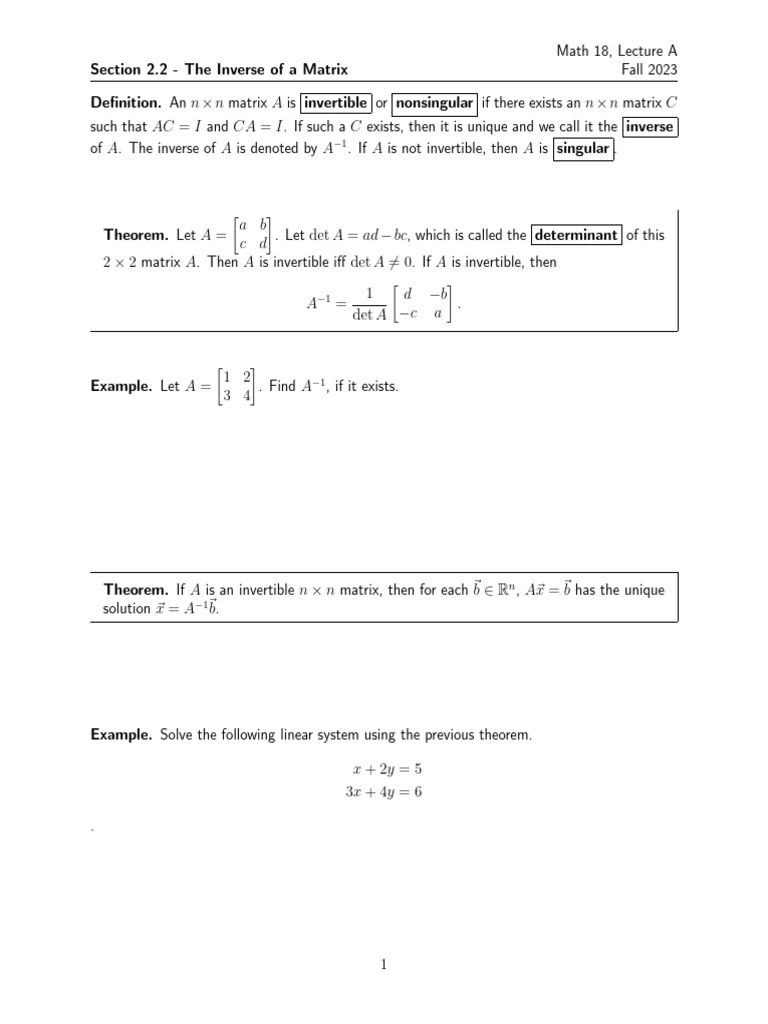 Inverse of a Matrix Explained | PDF | Matrix (Mathematics) | Matrix Theory