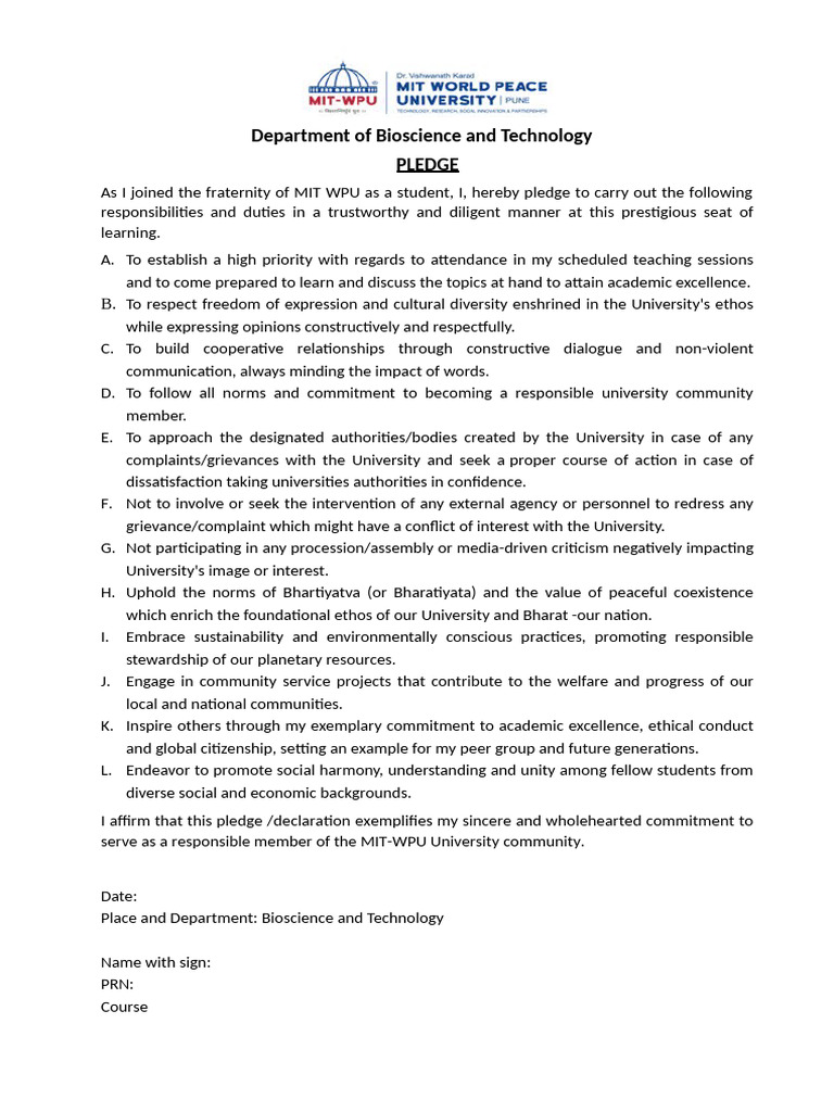 Students Pledge Undertaking With Student Sign | PDF