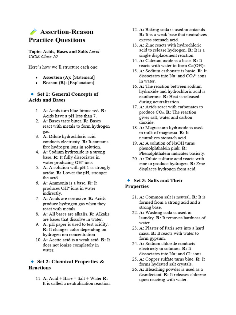 Assertion-Reason Questions on Acids & Bases | PDF | Acid | Salt (Chemistry)