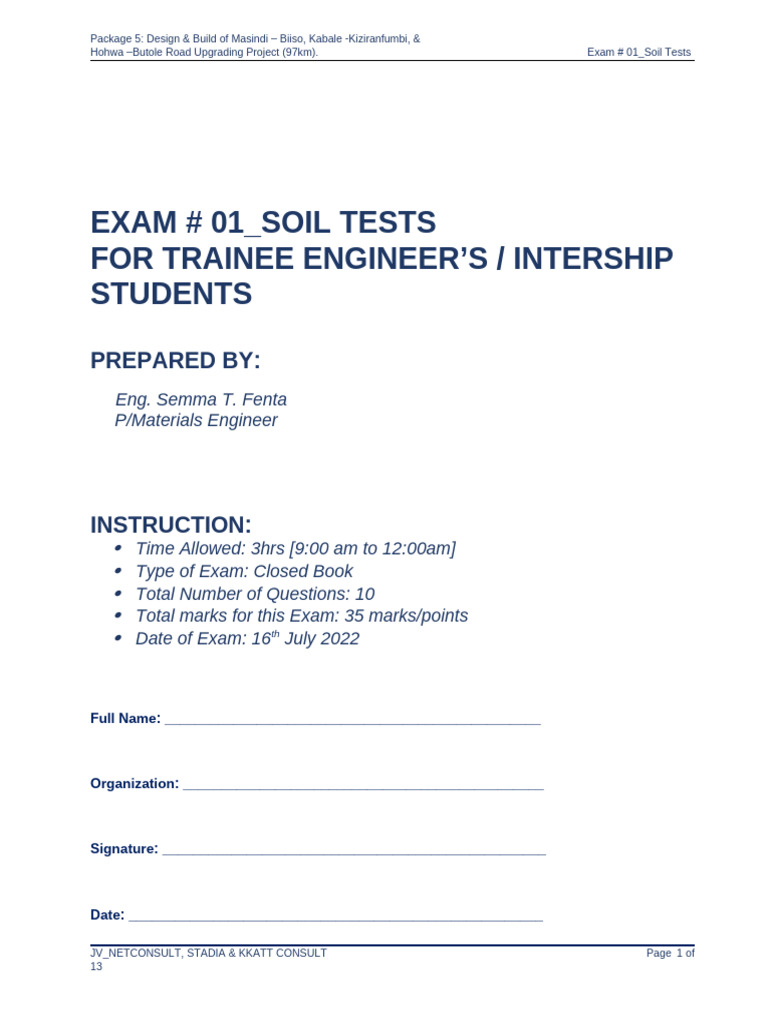 Soil Testing Exam for Road Project | PDF | Civil Engineering | Applied ...