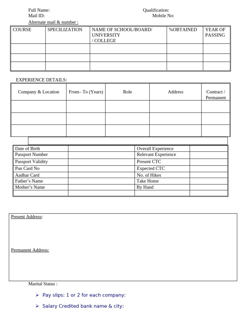 Candidate Information Form Template | PDF