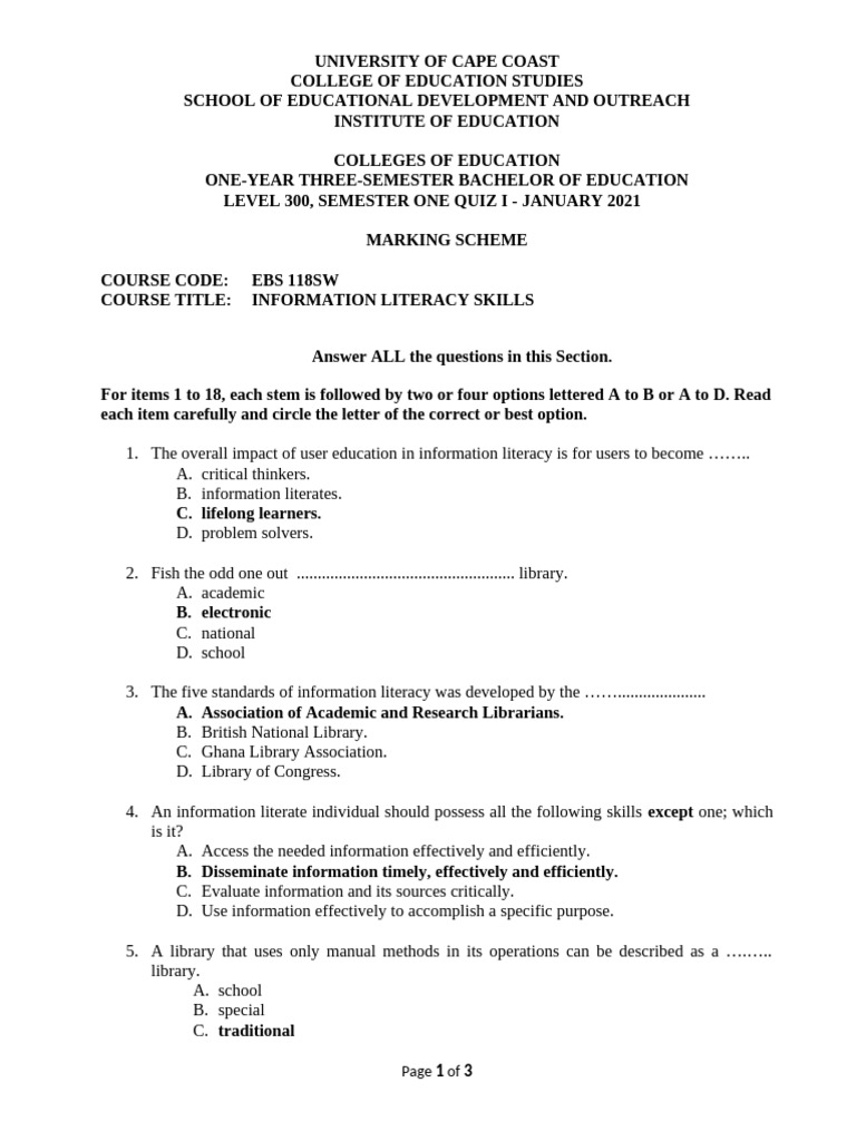 Information Literacy Skills Quiz Marking Scheme | PDF | Libraries ...