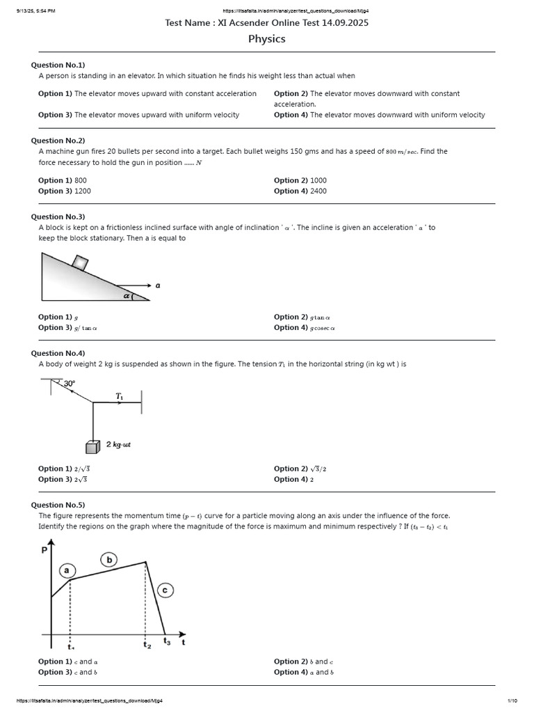 XI Acsender Physics Online Test Questions | PDF | Force | Acceleration