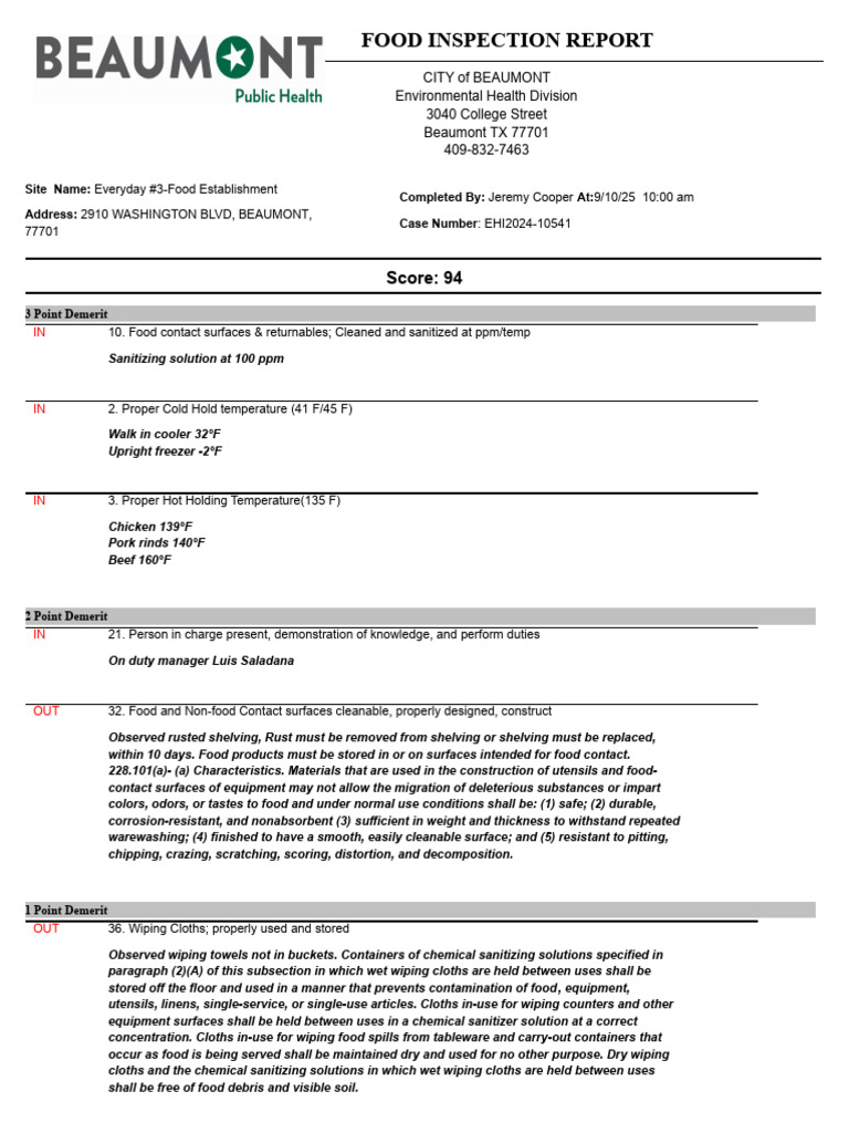 Beaumont Food Inspection Report 94/100 | PDF | Fahrenheit | Water