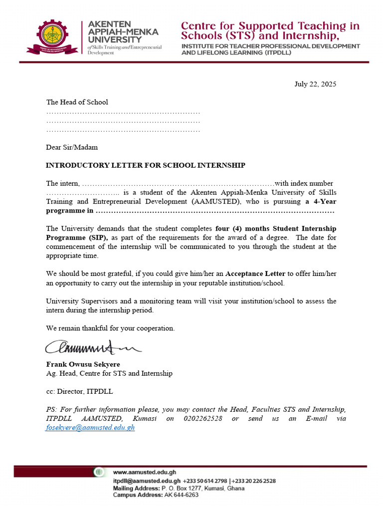 Introductory Letter For School Internship 2025-2 | PDF