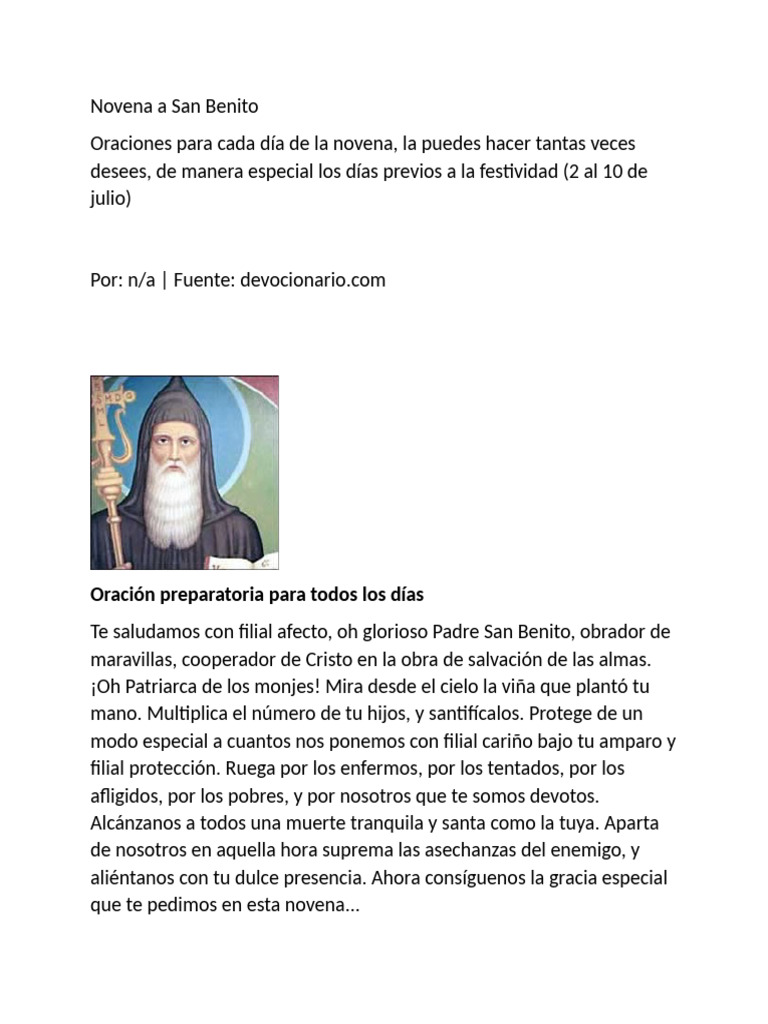Novena a San Benito Oraciones Diarias PDF Oración Intercesión