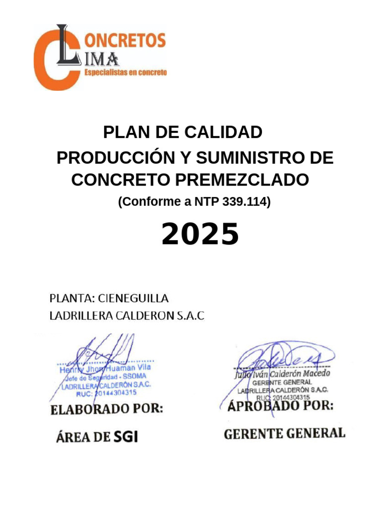 Plan de Calidad para Concreto Lima | PDF | Calidad (comercial) | Hormigón