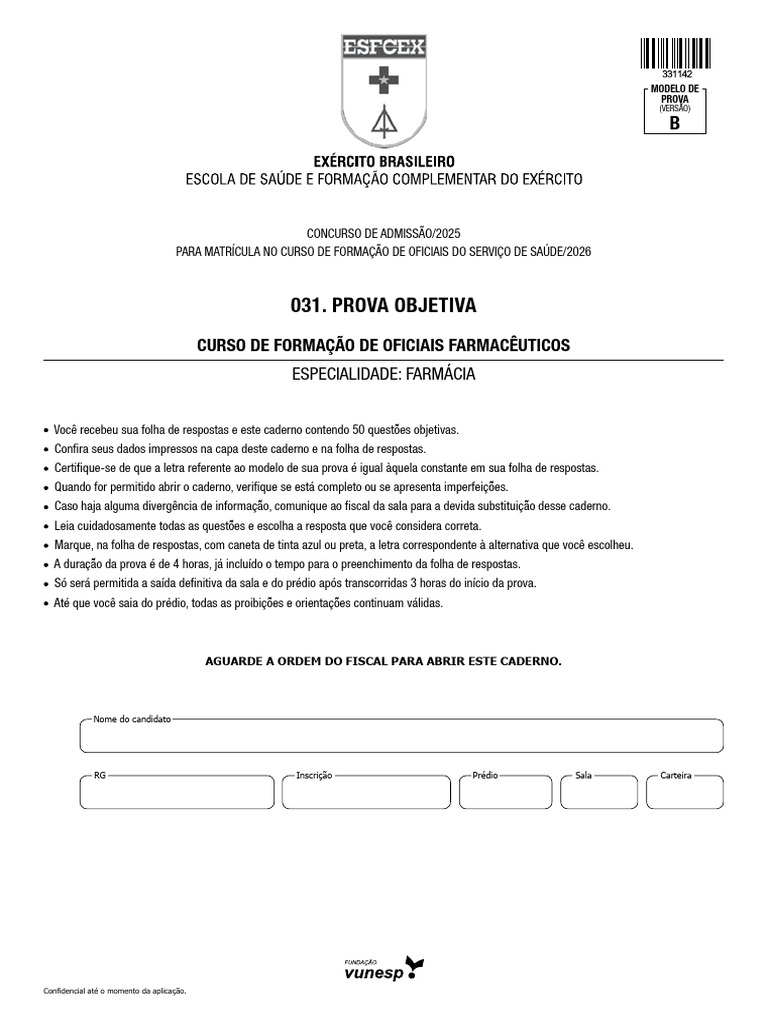 Prova Objetiva CFOF Farmácia 2025 | PDF | Farmacêutico | Reações químicas