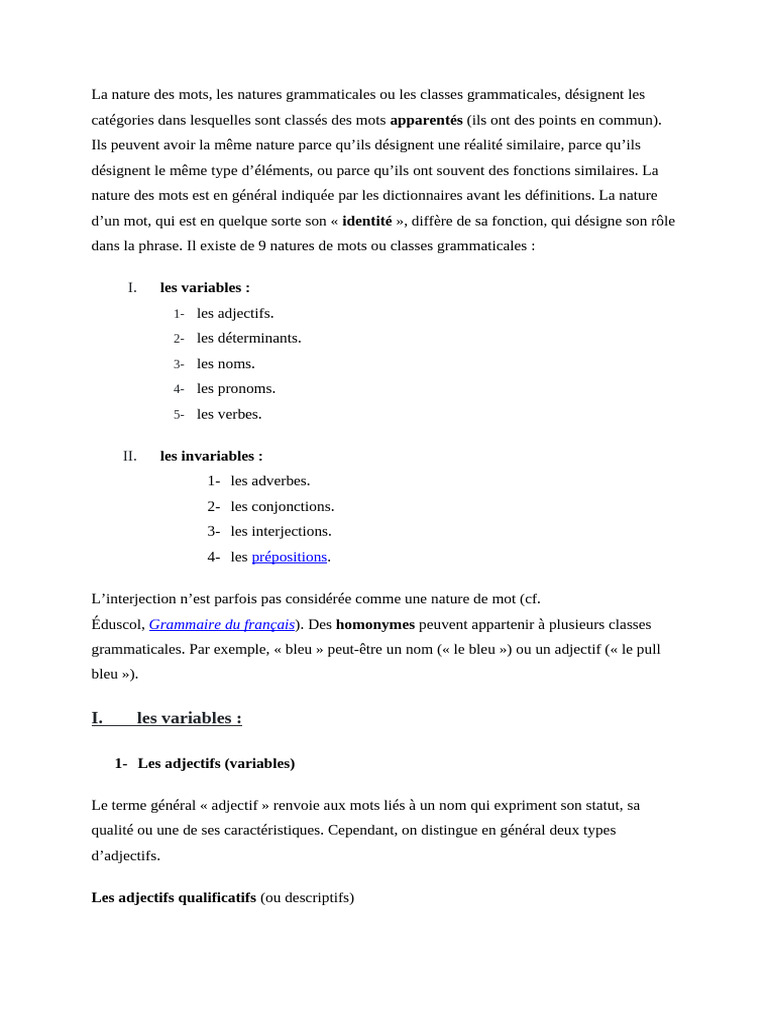 Nature des mots en grammaire française | PDF | Nature (grammaire) | Nom ...