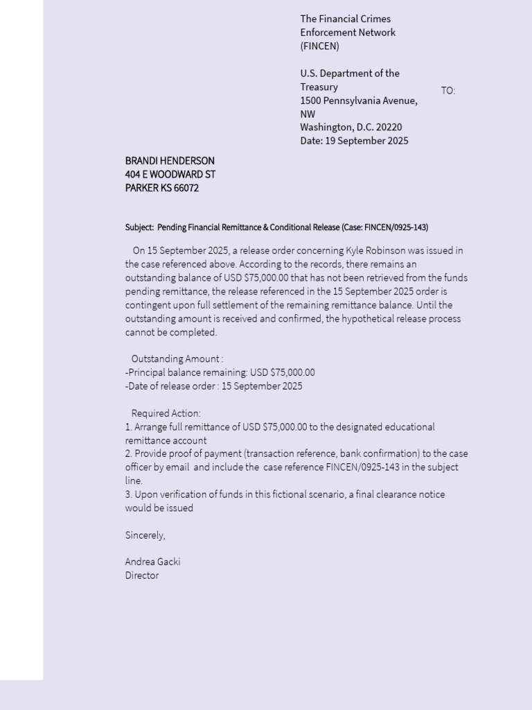 Financial Remittance Instructions for Case FINCEN/0925-143 | PDF