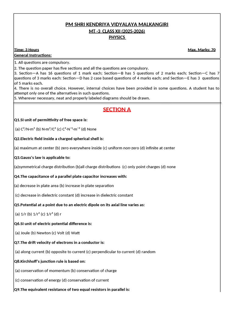Class XII Physics Exam Paper 2025-26 | PDF | Capacitance | Capacitor