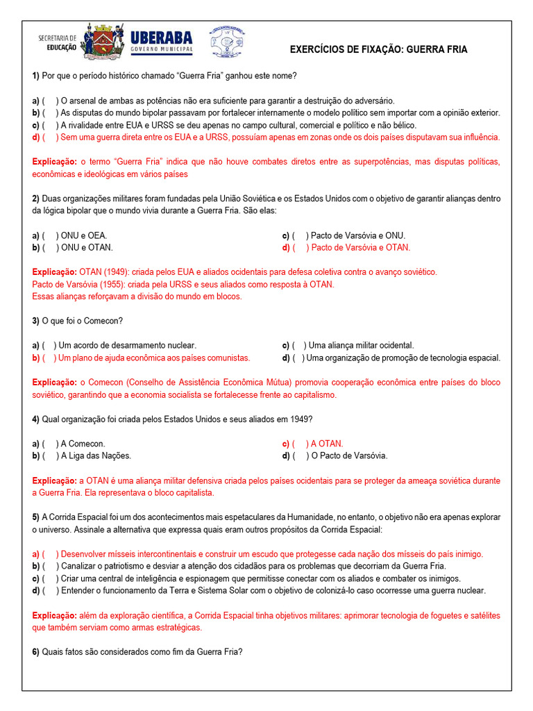 Exercícios sobre a Guerra Fria para 9º Ano | PDF | Guerra Fria | União ...
