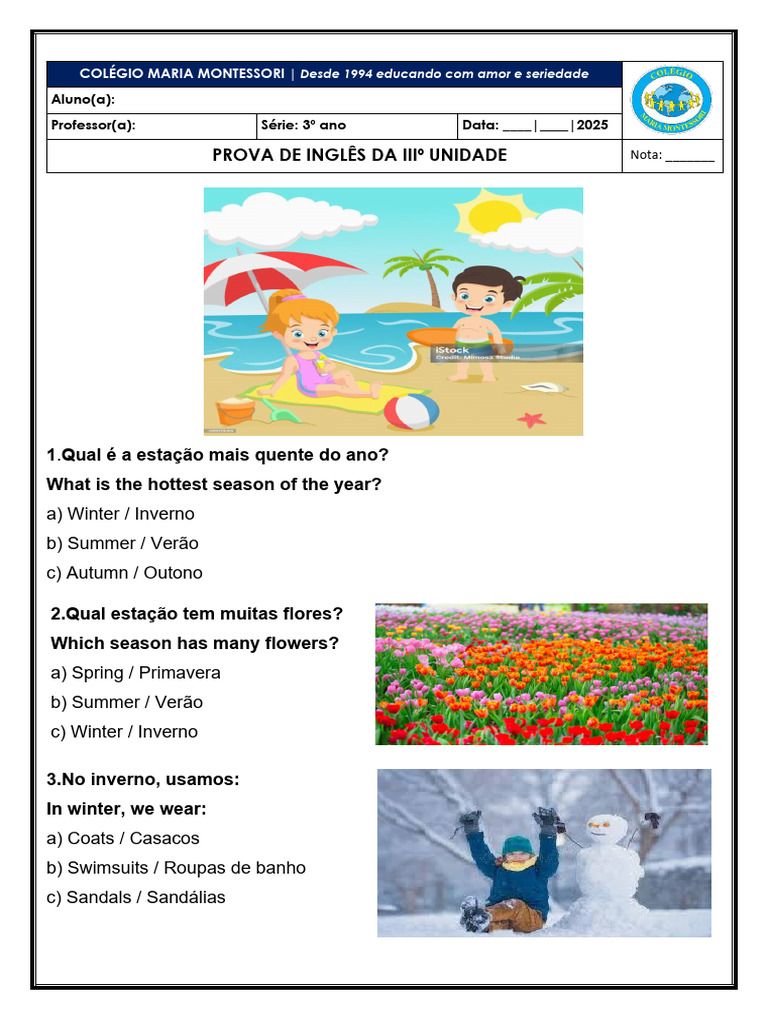 Prova de Inglês 3º Ano Montessori | PDF