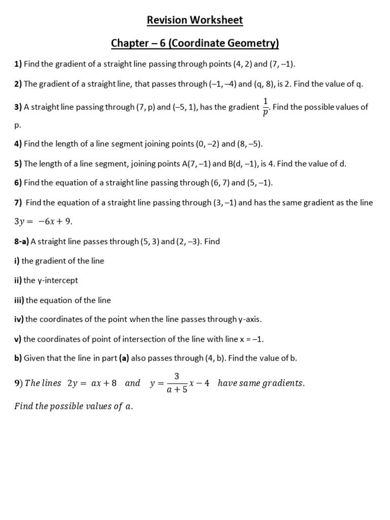 Revision Worksheet of Coordinate Geometry Chapter - 6 | PDF