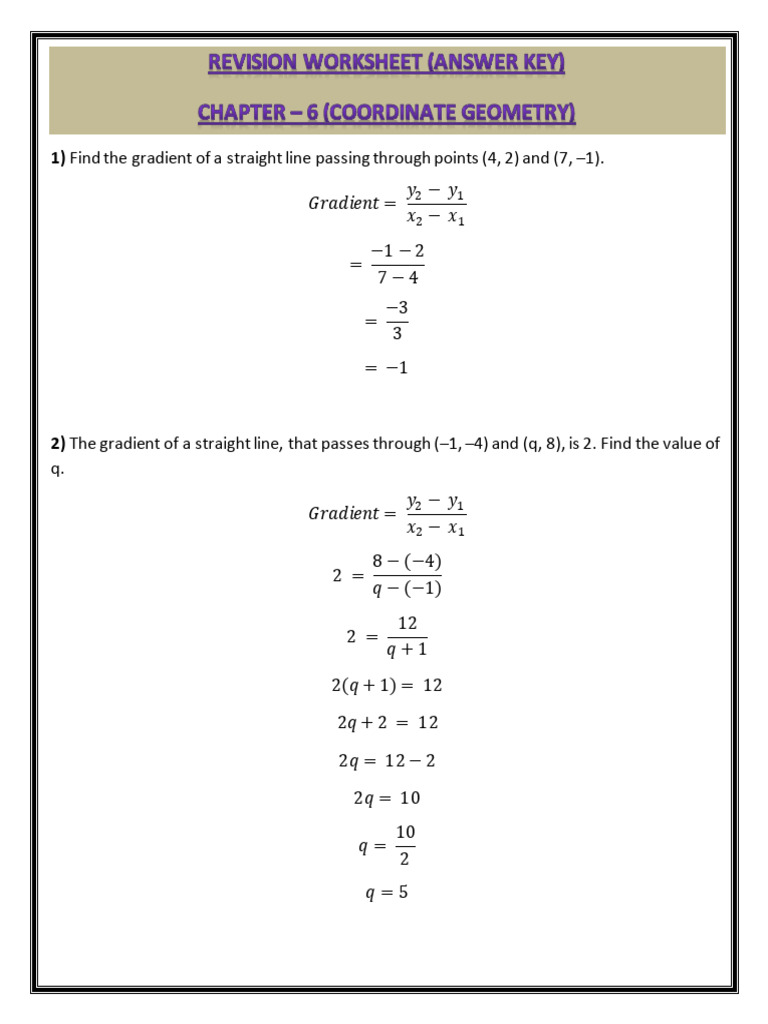 Answer Key of Revision Worksheet of Coordinate Geometry (Chapter - 6) | PDF
