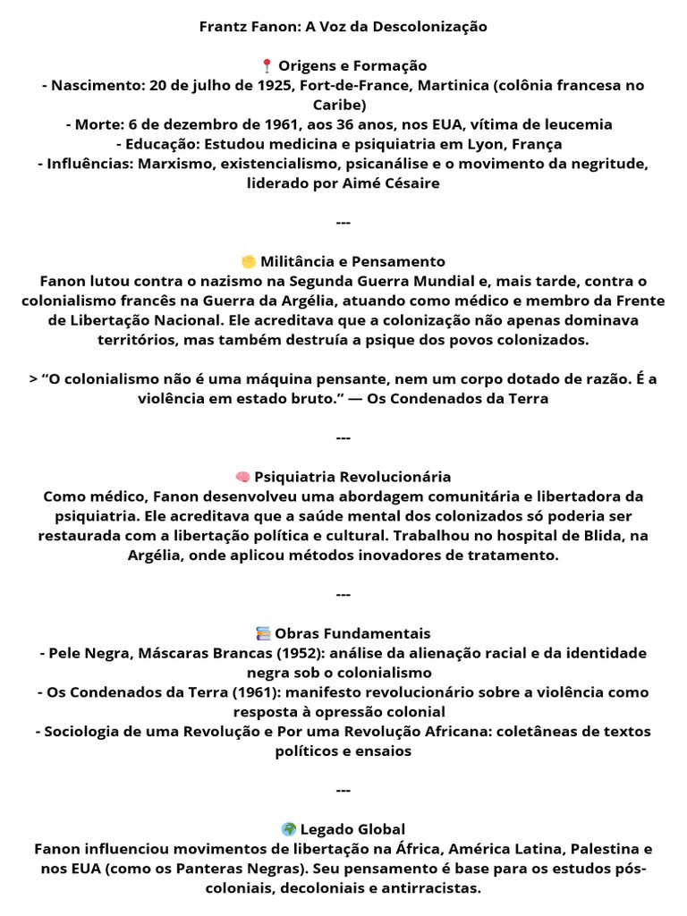 Frantz Fanon a Voz Da Descolonização ? Origens e Formação - Nascimento ...