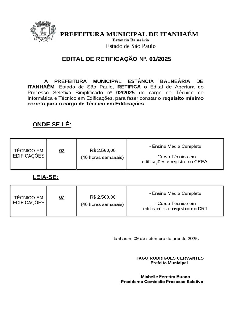 Retificação Edital Processo Seletivo 2025 | PDF