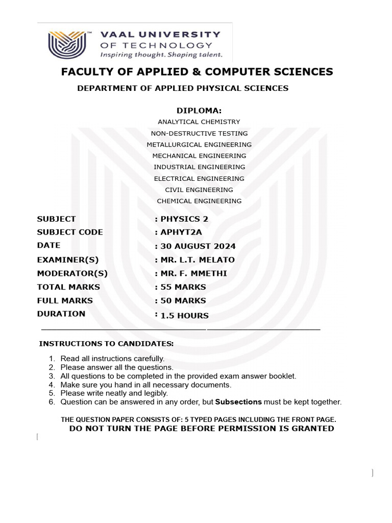 2024 Sem 2 - Physics 2 Semester Test 1 Paper&Memo | PDF | Acceleration ...