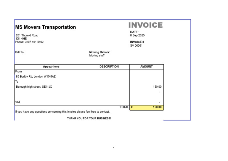 MS Movers Transportation Invoice 2025 | PDF