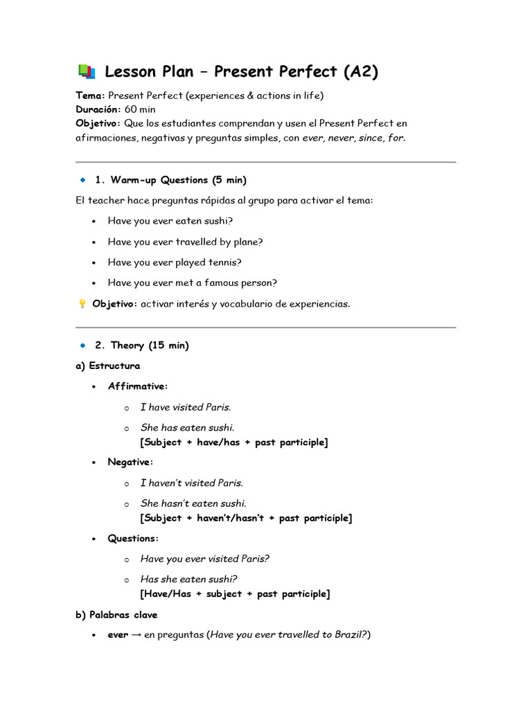 Present Perfect Lesson Plan A2 | PDF | Language Mechanics | Grammar