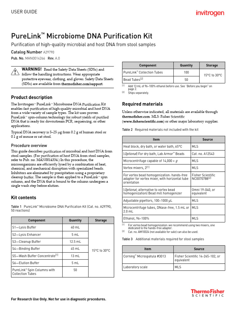 PureLink Microbiome DNA Kit Protocol | PDF | Centrifugation | Centrifuge