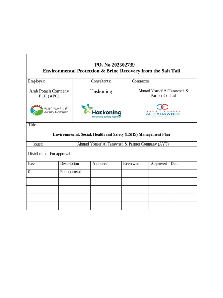 ESHS Management Plan for Brine Recovery | PDF | Occupational Safety And ...