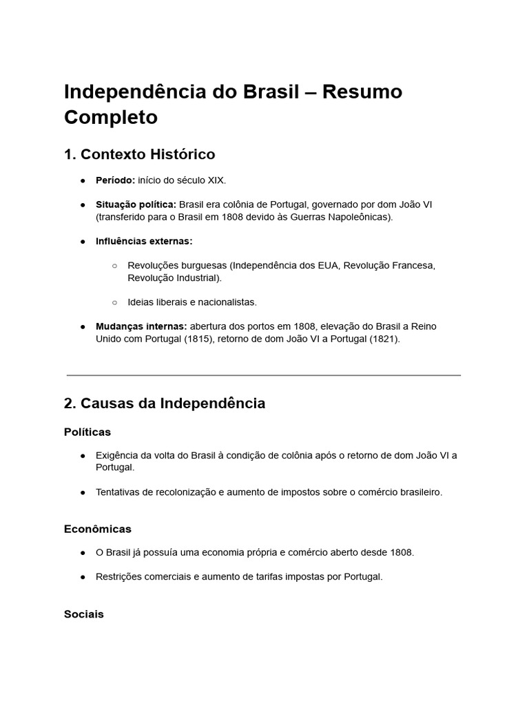 Independência Do Brasil - Resumo Completo | PDF | Brasil | Independência