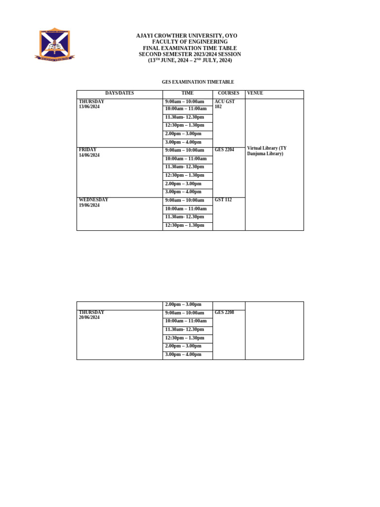 Feng 2nd Semester Final Time Table 2023 - 2024 Session-1 | PDF